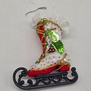 Christmas Ice Skate Boot Sleigh Ornament With Bead Sequins & Lace
